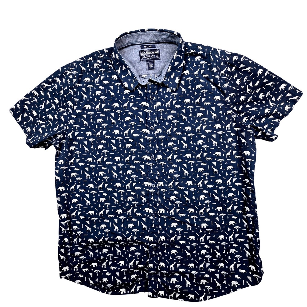 American Rag Mens XXL Navy Blue Safari Animal Print Cotton Button Down Shirt